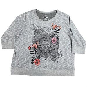 Style & Co. Floral Mandela Clear  Rhinestone Detailed 3/4 Sleeve Sweatshirt 2X